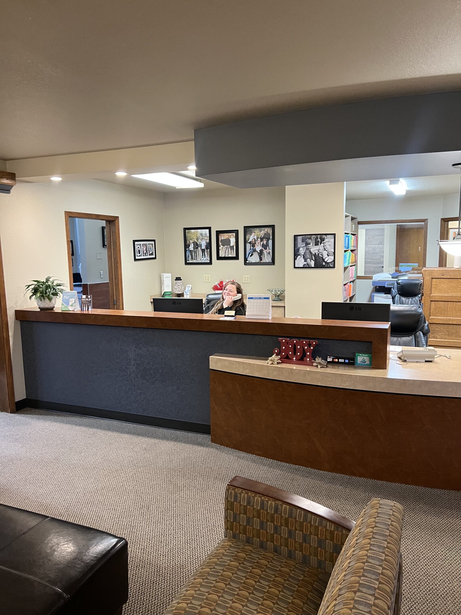 The reception desk inside Collins Family Dentistry in Cheney